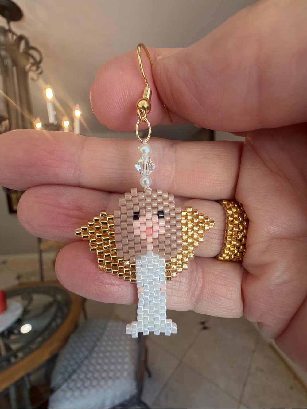 Handmade Beaded Angel Earrings with Gold Wings - Picture 3 of 6